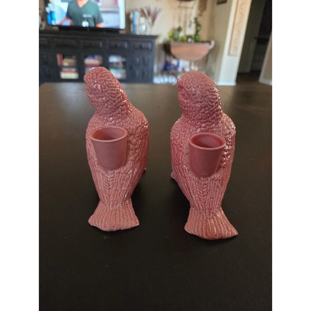 Jones & Co Pink Ceramic Parrot 2 Candle Holders Tropical Coastal Palm Beach